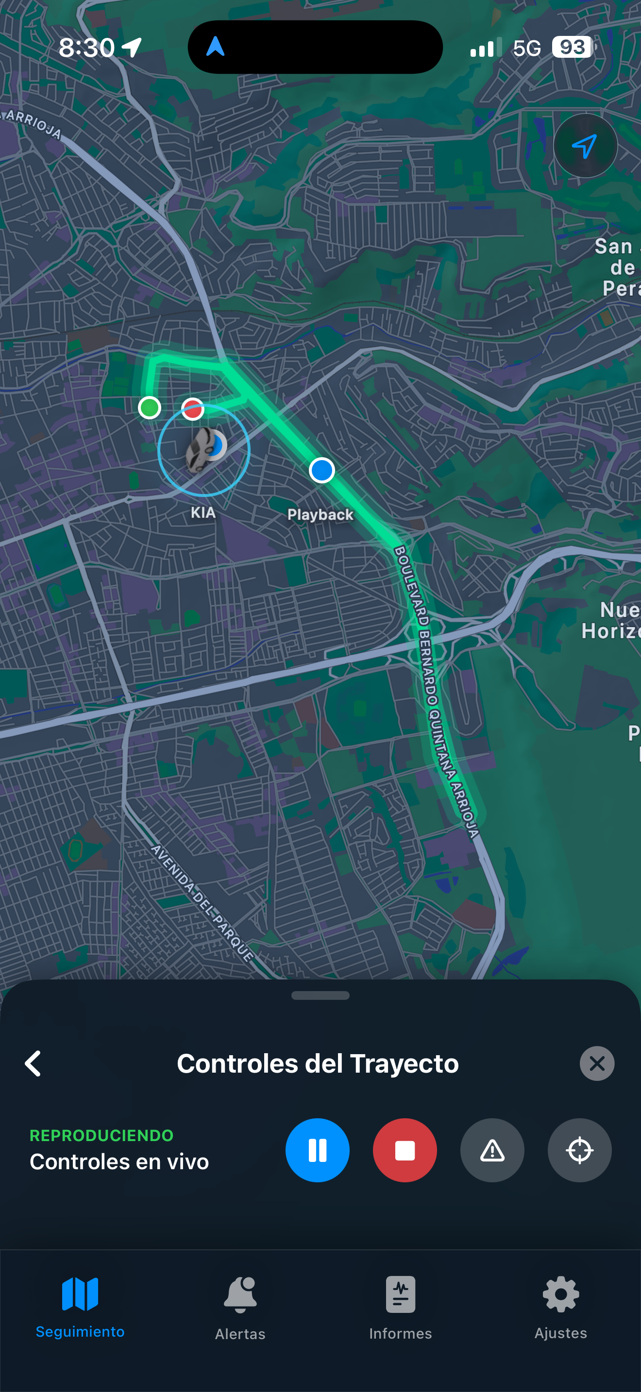 Replay de recorrido con controles de reproducción