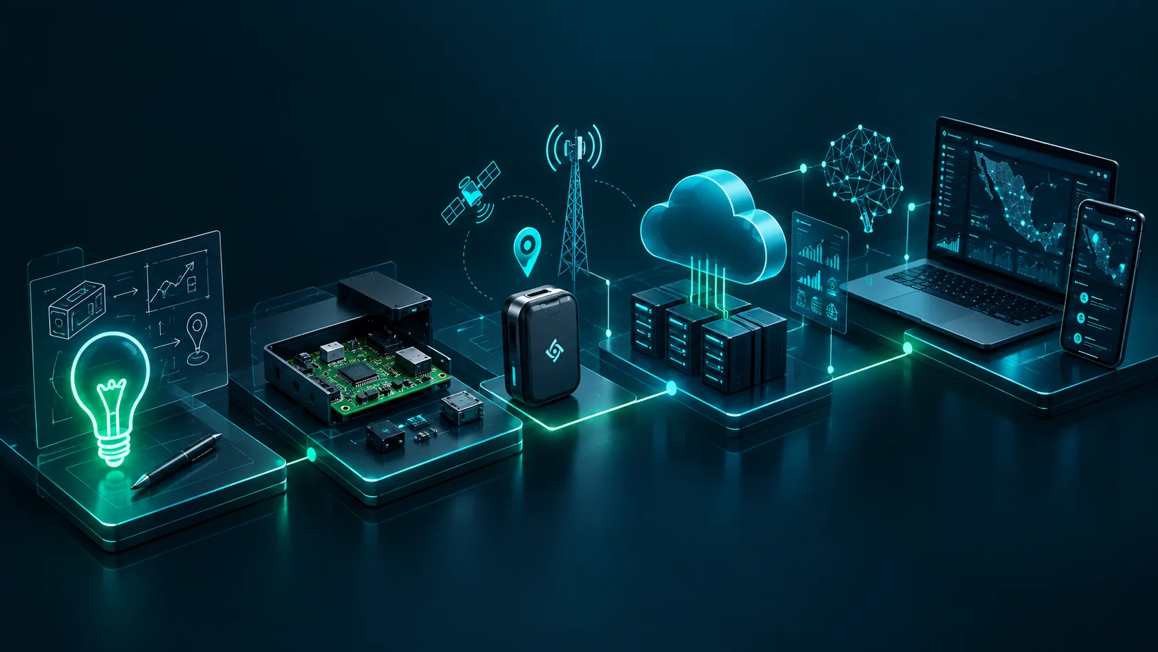 El recorrido completo de un producto: el boceto de una idea, la electrónica de un prototipo, el dispositivo terminado, la nube que recibe sus datos y los tableros donde se consultan.